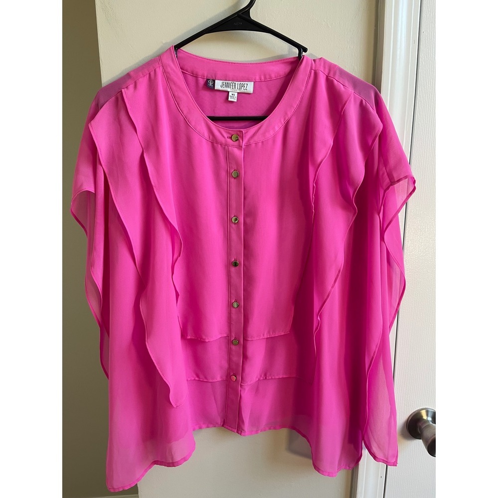 Jennifer Lopez Hot Pink Ruffle Front Button Down Blouse XS Fuchsia Barbiecore